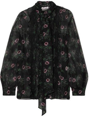 Pussy-bow Lace-trimmed Floral-print Silk-chiffon Blouse - Black