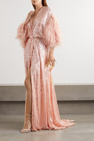 Peach Paradise feather-trimmed sequined georgette gown | Jenny Packham | NET-A-PORTER