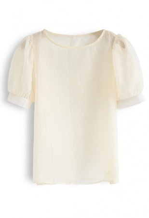 Semi-Sheer Bubble Sleeves Top in Cream - TOPS - Retro, Indie and Unique Fashion