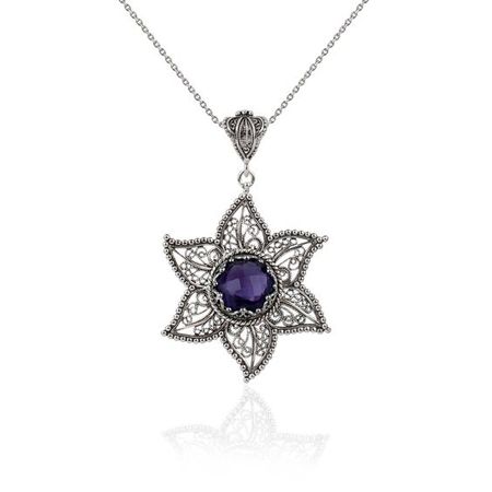 Sterling Silver Filigree Art Amethyst Gemstone Star Design Pendant Necklace - Amethyst
