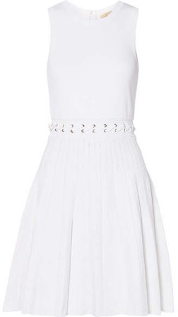 Whipstitched Pleated Knitted Mini Dress - White