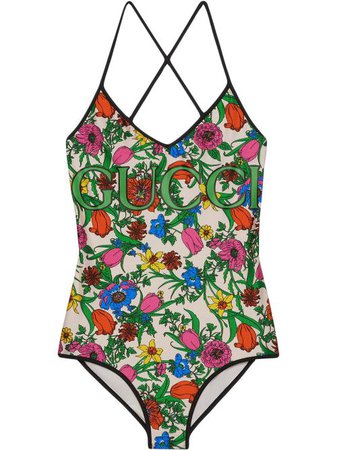 Shop green & white Gucci Pop Flora print swimsuit with Express Delivery - Farfetch