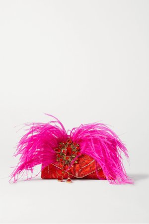 Red Envelope small feather and crystal-embellished jacquard clutch | Dries Van Noten | NET-A-PORTER