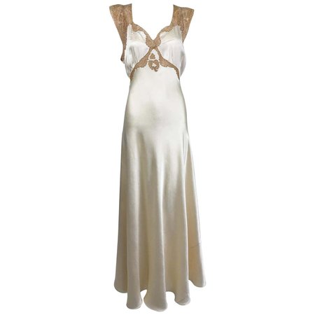 1930s Cream Silk Charmeuse Bias Cut Couture Gown With Ecru Lace Trim For Sale at 1stDibs | 1930 formal dresses