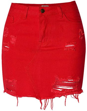D-Sun Women's Casual High Waist Red Distressed Ripped Bodycon A-Line Denim Short Skirt