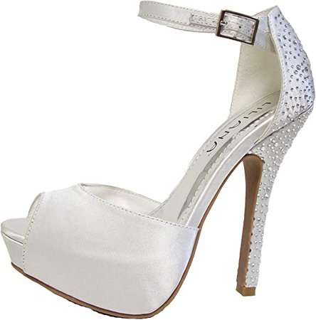 Amazon.com | Lilana White Satin Rhinestone Crystals Platform Peep Toe Ankle Strap Pumps Sandals Heels Shoes (6.5) | Pumps