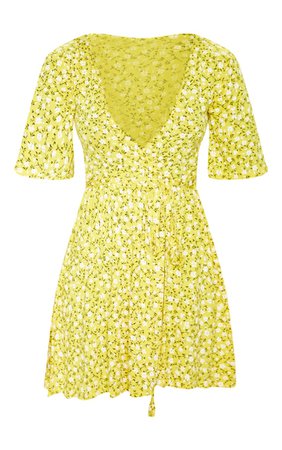 PLT Yellow Ditsy Floral Print Wrap Tea Dress