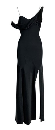 S/S 1995 John Galliano Black Satin Off Shoulder High Slit Star Gown Dress