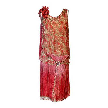 1925 B. Altman Couture Metallic-Gold and Pink Lamé Ombre Fringe Flapper Deco Dress For Sale at 1stdibs
