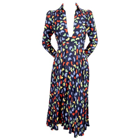 1970's OSSIE CLARK for QUORUM Celia Birtwell fan print plunging neckline dress For Sale at 1stDibs