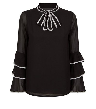 Mela Black Lace Trim Tie Neck Blouse | New Look