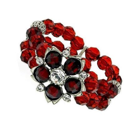 Silver-Tone Red Crystal Beaded Flower Stretch Bracelet