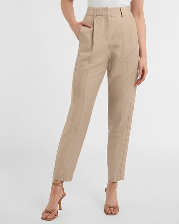 High Waisted Linen-Blend Pleated Ankle Pant