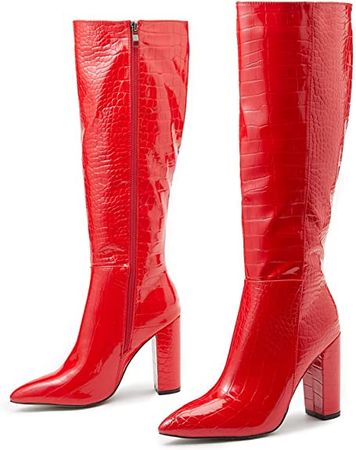 Amazon.com | MOFEEDOUKA Women's Knee High Boots Chunky Heels Pointed Toe Booties Side Zipper | Shoes