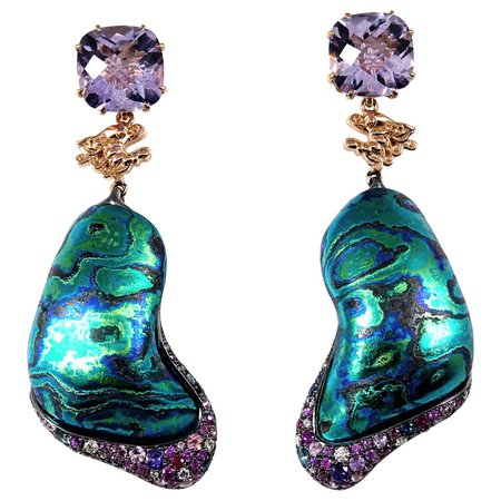Diamonds Purple Amethysts Sapphires 18 Karat Gold Silver Green Timascus Earrings For Sale at 1stDibs