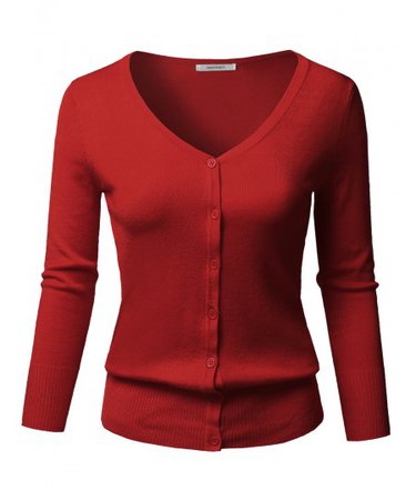Women's Solid Button Down V-Neck 3/4 Sleeves Knit Cardigan | 10 Red
