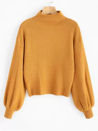 [HOT] 2019 Lantern Sleeve Mock Neck Plain Sweater In ORANGE GOLD ONE SIZE | ZAFUL CA