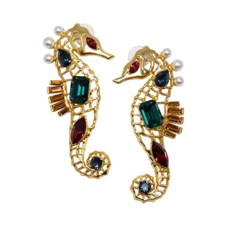 Oscar de la Renta Jeweled Seahorse Earrings in Gold, Green Reed and Blue Crystal For Sale at 1stDibs | oscar de la renta blue earrings, oscar de la renta green earrings