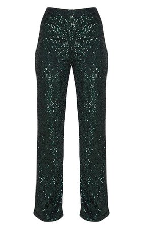 Emerald Green Sequin Wide Leg Trousers | PrettyLittleThing USA