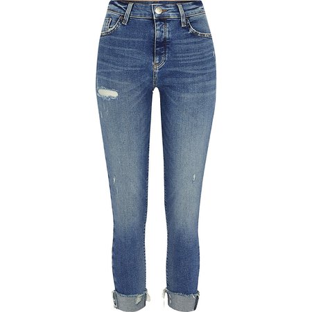 Blue ripped Amelie mid rise skinny jeans | River Island