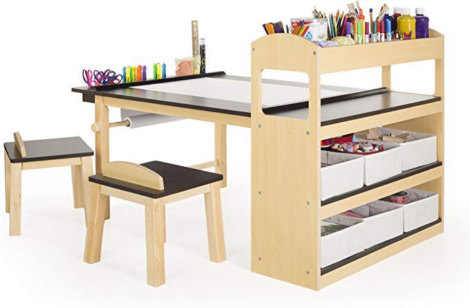 Amazon.com: Guidecraft Deluxe Art Center: Drawing and Painting Table for Kids, W/ Two Stools, Craft Supplies Storage Shelves, Canvas Bins, Paper Roll – Preschool Toddler Wooden Learning Furniture: Home & Kitchen