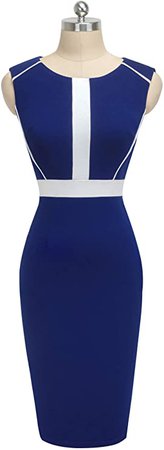 HOMEYEE Women's Round Neck Optical Illusion Business Bodycon Dress B530(6, Dark Blue+White) at Amazon Women’s Clothing store