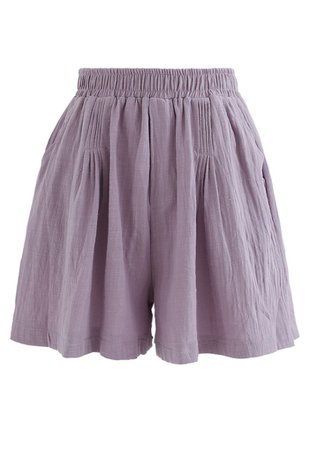 Pintuck Front Pockets Cotton Shorts in Purple - Retro, Indie and Unique Fashion