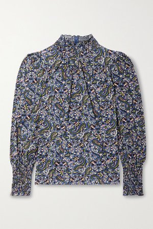 Gaia Shirred Paisley-print Cotton-poplin Blouse - Navy