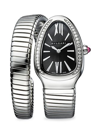 Shop BVLGARI Serpenti Seduttori Stainless Steel, Diamond & Black Dial Bracelet Watch | Saks Fifth Avenue