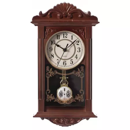 Quickway Imports Vintage Grandfather Wood- Looking Plastic Pendulum Wall Clock For Living Room, Kitchen, Or Dining Room : Target