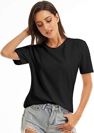 VIIOO Women's Loose Short Sleeve Crewneck T-Shirt Basic Casual Solid Tops(Black/O-Neck,XL) at Amazon Women’s Clothing store