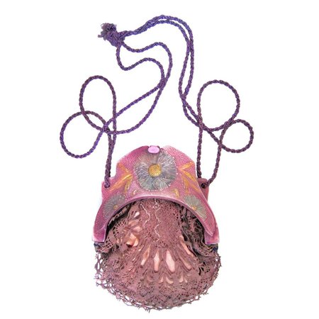 Violet Pink Crochet Purse Engraved Flowers 70s For Sale at 1stDibs