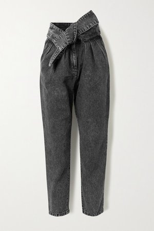 Repu Cropped Belted Acid-wash High-rise Tapered Jeans - Dark gray