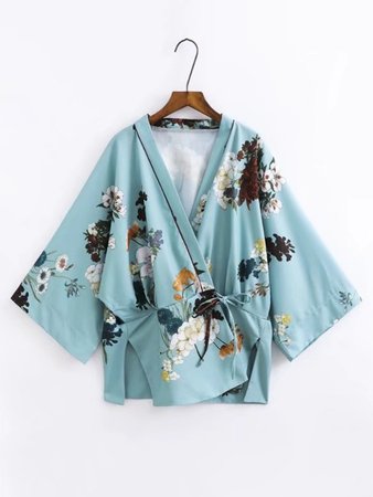 Split Side Tie Waist Floral Kimono
