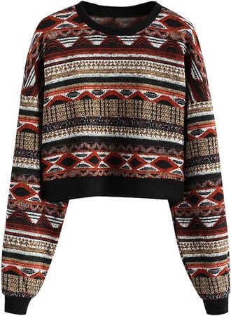 ZAFUL Women's Ribbed Trim Tribal Graphic Sweater Drop Shoulder Knit Jumper Pullover Tops at Amazon Women’s Clothing store