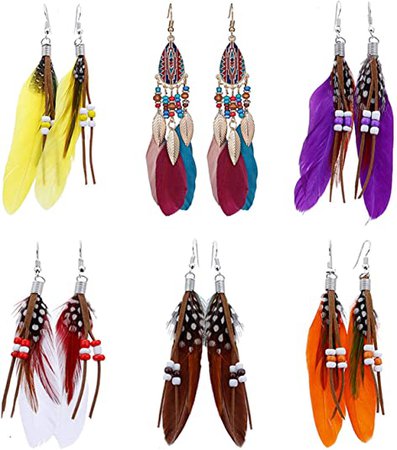 Amazon.com: 6Pcs Bohemian Feather Dangle Earrings for Women Colorful Boho Beaded Drop Earrings Jewelry (A): Jewelry
