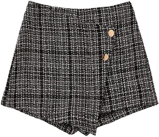 WDIRARA Women's Casual Plaid Mid Waist Button Front Straight Leg Tweed Shorts Black and White