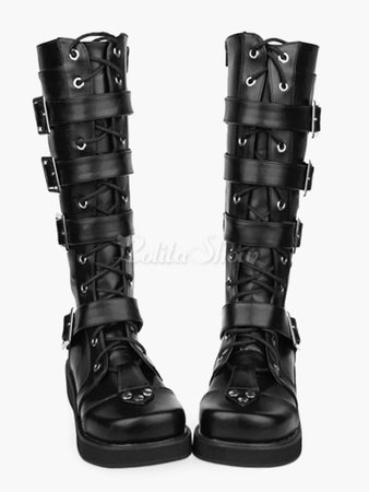 Lolitashow Gothic Black Lolita Boots Sraps Buckles Shoelace - Lolitashow.com