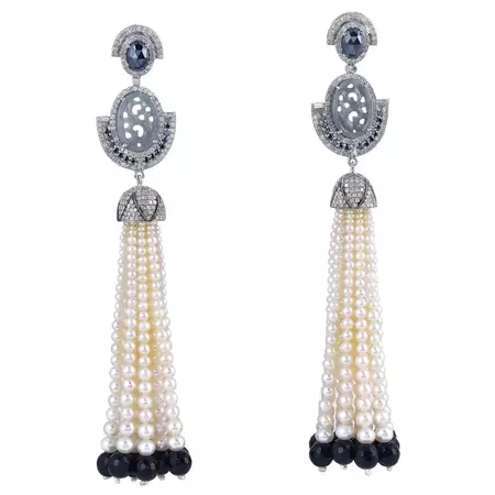 Carved Jade Diamond Pearl Tassel Earrings For Sale at 1stDibs