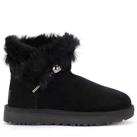 Ugg Classic Fluff Pin Mini Black Ankle Boot In Suede With Brooch