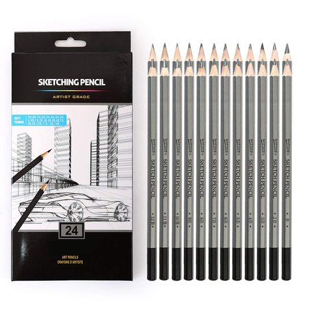 24 Drawing Pencils Set, Art Sketching Pencils 14B, 12B, 10B, 9B, 8B, 7B, 6B, 5B, 4B, 3B, 2B, B, HB, F, H - 9H, Shading Graphite Pencils