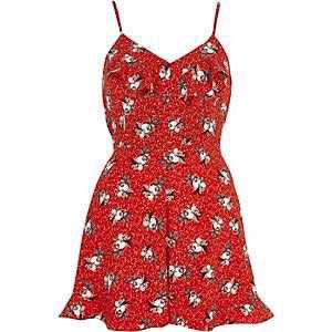 Petite red floral bow back cami playsuit