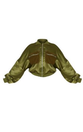 Plus Khaki Satin Bomber Detail Jacket | PrettyLittleThing