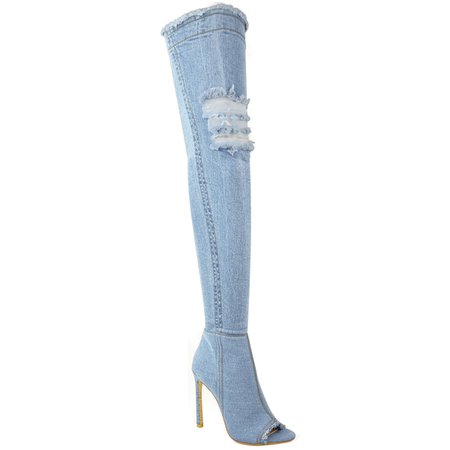 Womens Ladies Over The Knee Boots Thigh High Heels Stilettos Stretch Denim Size | eBay