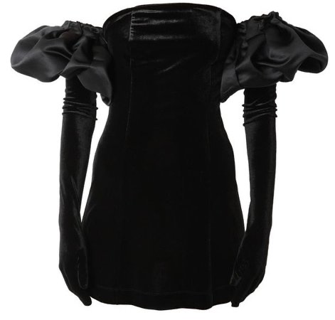 Black Velvet Puff Sleeve Dress with Gloves