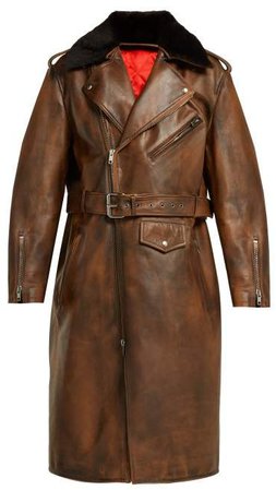 Shearling Collar Leather Coat - Womens - Brown
