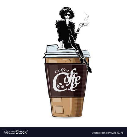 Fashion girl in sketch-style with cup cofe Vector Image