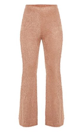 Camel Eyelash Knit Flare Trouser | Knitwear | PrettyLittleThing