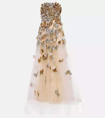 Applique Sequined Tulle Gown in Gold - Oscar De La Renta | Mytheresa