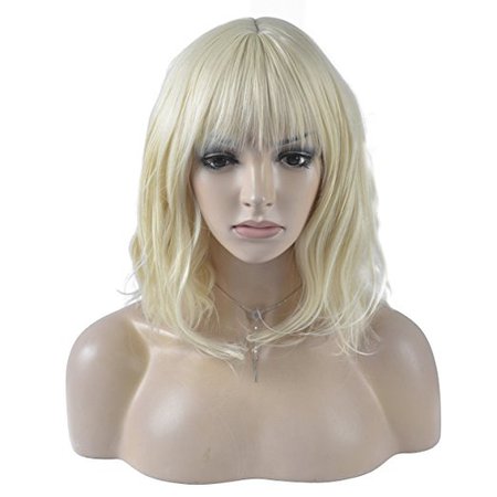 DAOTS 14 Inches Curly Wigs with Bangs for Women Girls Heat Resistant Synthetic Hair Wig (Light Blonde)